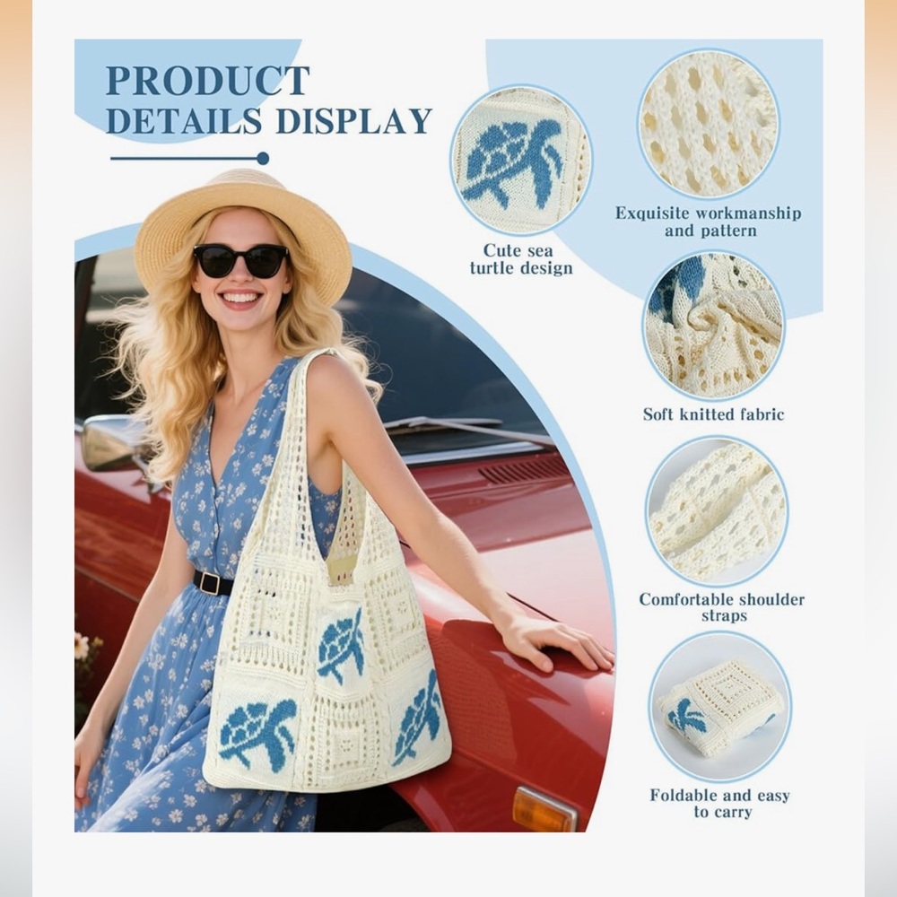 🆕 Crochet Tote Bag for Women, Aesthetic Crochet Mesh Beach Tote Bag, - Picture 9 of 9